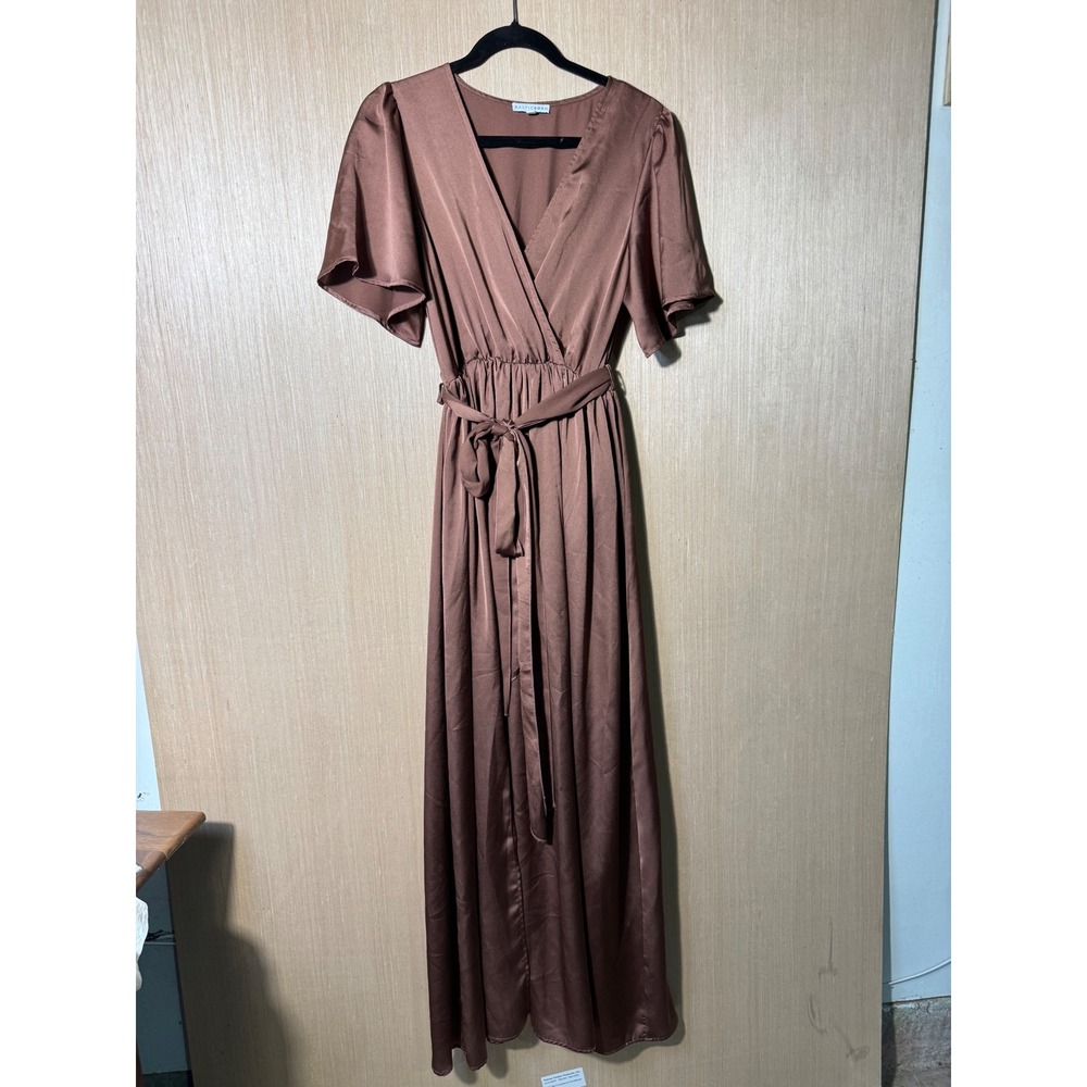 Baltic Born Maxi Dress Bronze Brown Tie Waist Flutter Sleeve Bridesmaid Gown L